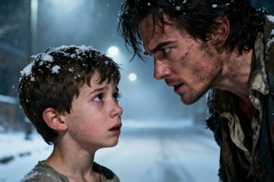 (nk)A stark, surreal scene outside a snow-covered alley in a northern Mexican city on Christmas Eve, with Christmas lights casting a soft golden glow against the falling snow. A wealthy Mexican man in a black wool coat—Daniel—knelt on one knee before a pretty Mexican homeless girl, about 7 years old, pale-skinned and disheveled, leaning against a cold wall and clutching a shivering brown puppy to her chest. Her eyes were wide and frightened. Daniel’s face expressed a mixture of shock and sympathy, his breath visible in the cold air. Snow covered the ground around them, trash bags and cardboard boxes beside her. A faint glimmer of light reflected in her tear-filled eyes. The delicate grain of the film added depth and authenticity to the emotional scene.